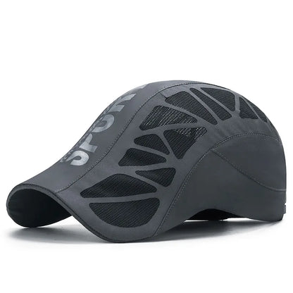 MenS  Quick- Dry Hat.  Golf,  Driving ,Cycling, All Sports.   Letter Print Newsboy Flat.  Summer Baseball Caps  thats Breathable,  Net,  Mesh Sunhat. There are 2 Colors with some availability and a they are NAVY and GRAY.  Co