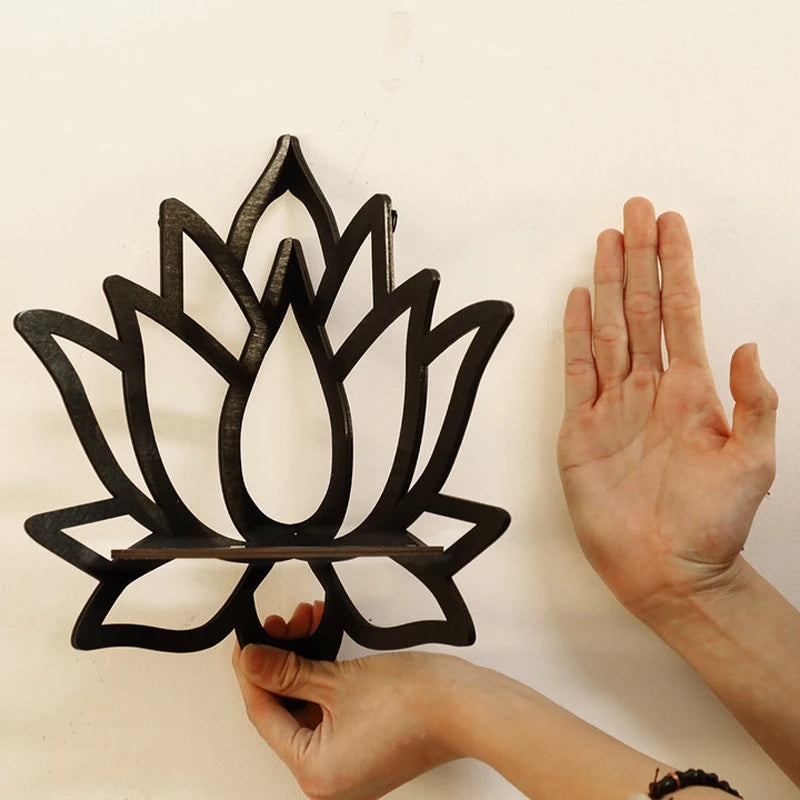 Wooden Lotus Hollow Decorative Rack, Aromatherapy Organiser for Essential Oils,  Candle Holder. Wall Mounted Corner Shelf