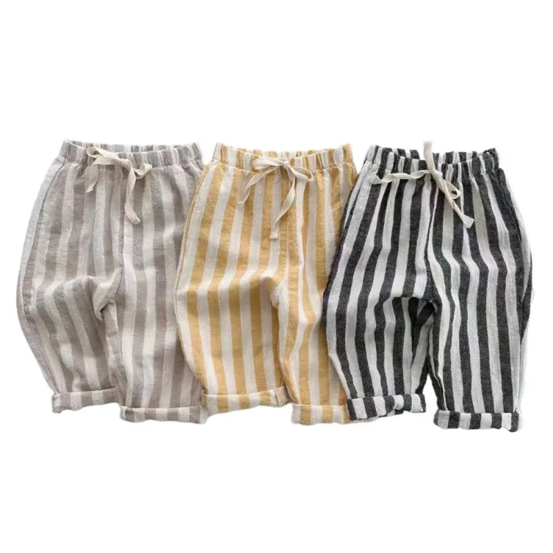 Vintage Linen/ Cotton Stripe Pants for Boys and girls.   Casual Pocket Design, Elastics Waist Pants for Toddlers