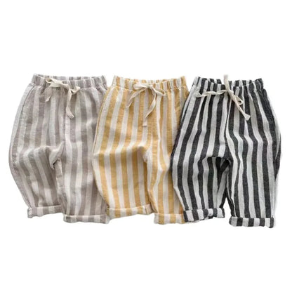 Vintage Linen/ Cotton Stripe Pants for Boys and girls.   Casual Pocket Design, Elastics Waist Pants for Toddlers