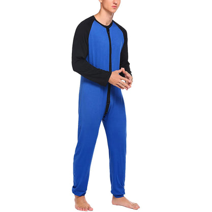 Men s Button Down  s Pajama Long Sleeve Round Neck Color Block Jumpsuit Nightwear For Adults