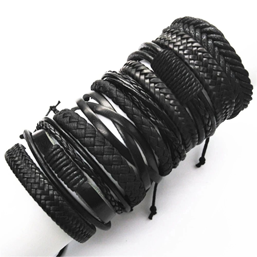 10 Pcs/set Black Wrap Woven, Handmade Mens  Bracelets. Male / Female Leather Bracelets.