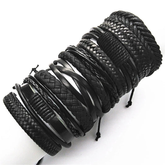 10 Pcs/set Black Wrap Woven, Handmade Mens  Bracelets. Male / Female Leather Bracelets.