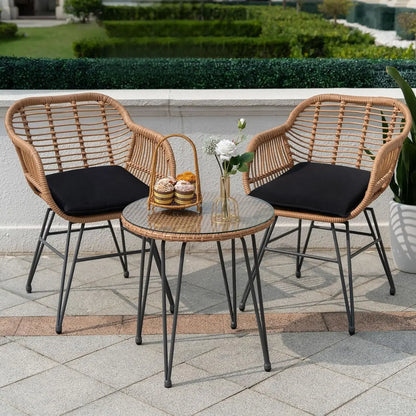 3 Piece Outdoor Wicker Bistro Set, Patio Conversation Sets w/2 Large Rattan Chairs and Tempered Glass Table, Patio Furniture. Small enough for a small porch or Garden Area