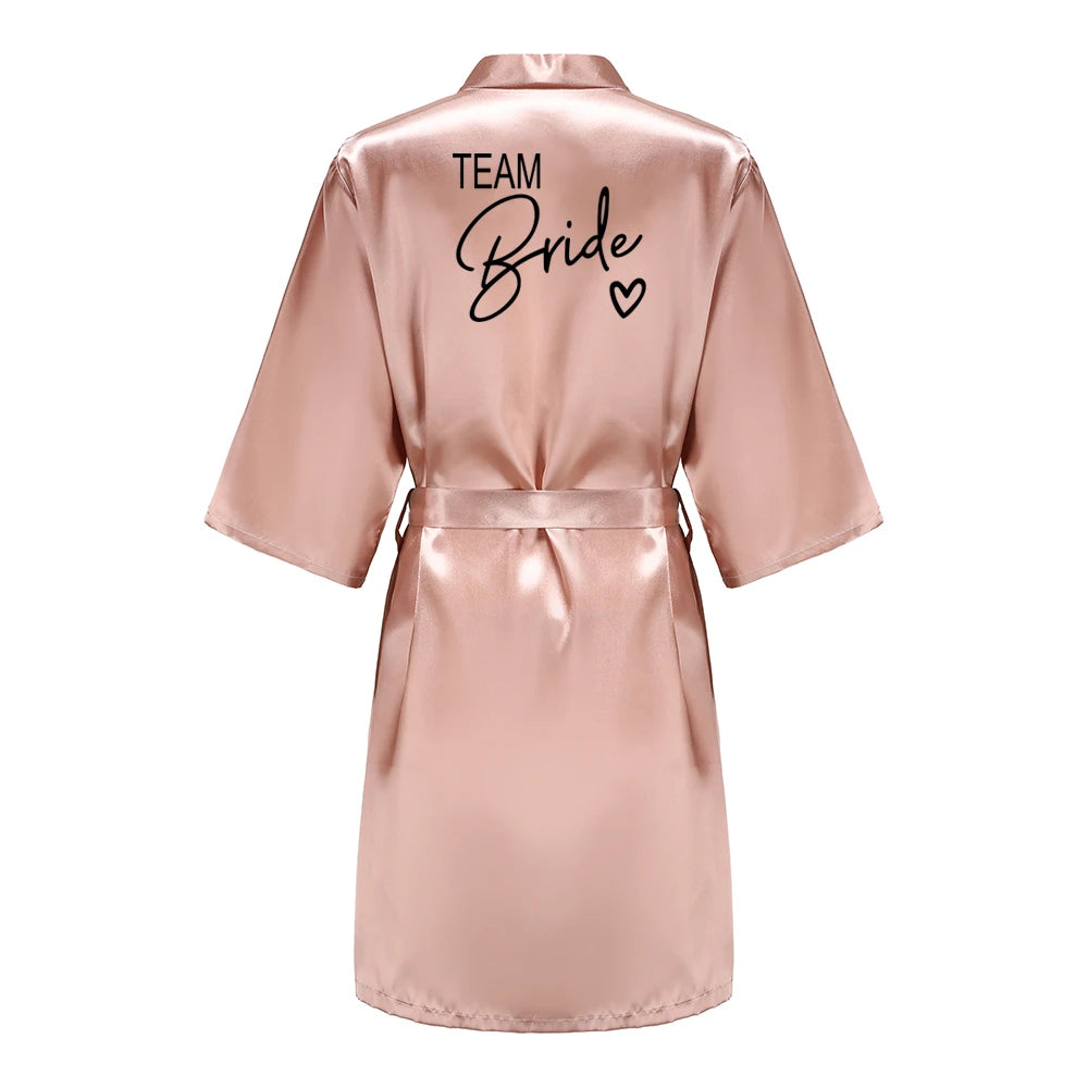 Wedding Party Team Bride Robe With Black Letters, Kimono Style Satin Bridesmaid Bathrobes