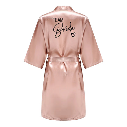 Wedding Party Team Bride Robe With Black Letters, Kimono Style Satin Bridesmaid Bathrobes