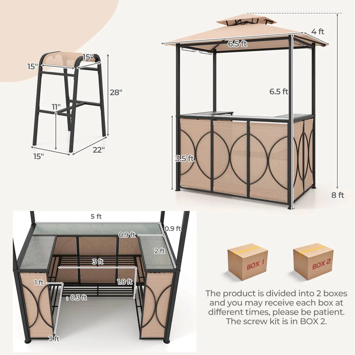 3 PCS,  Patio Bar Set with Tempered Glass Bar Table, Metal Storage Shelves for Garden Storage
