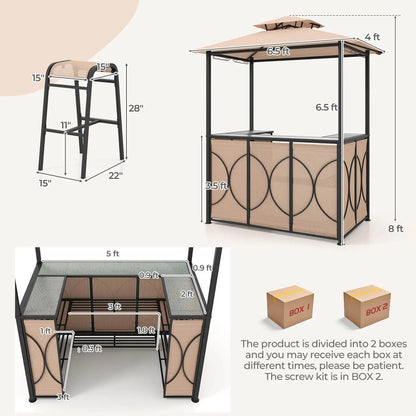 3 PCS,  Patio Bar Set with Tempered Glass Bar Table, Metal Storage Shelves for Garden Storage