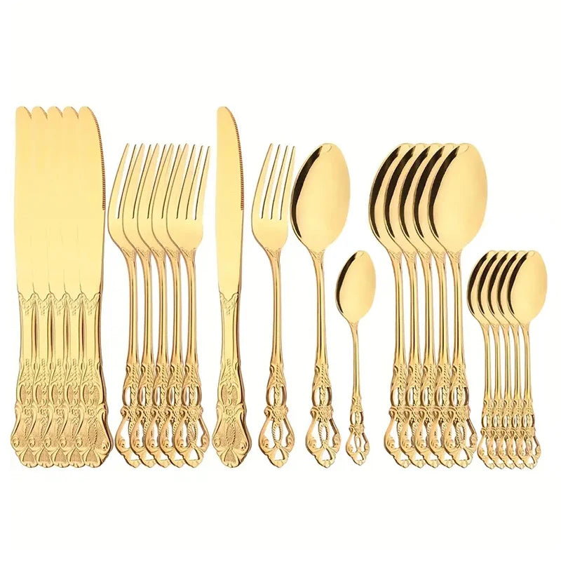 4/24pcs Elegant and durable vintage crown cutlery set - stainless steel cutlery for restaurants, home, parties and weddings.  The availability is limited to 4 pcs. of Gold, 4pcs of Silver, 24pcs. of silver.  Hoping this item