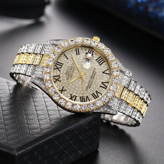 Hot Sale Diamond Bling Watch  for Men,  Gold Color,  Luxury Gift,  Quartz Watches, Mems Clock,  Dropshipping,   Rhinestone Calendar Wristwatch.  RED Face and   " 1 Gold Face "  are gone.  This is going fast.  Don't wait!!!