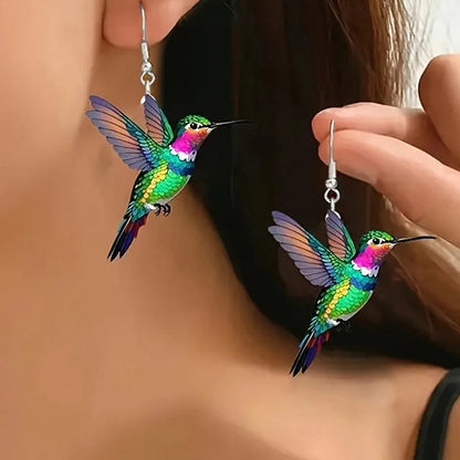 Acrylic Hummingbird Earrings For Women.  Retro Style Colorful Bird Drop Earrings.