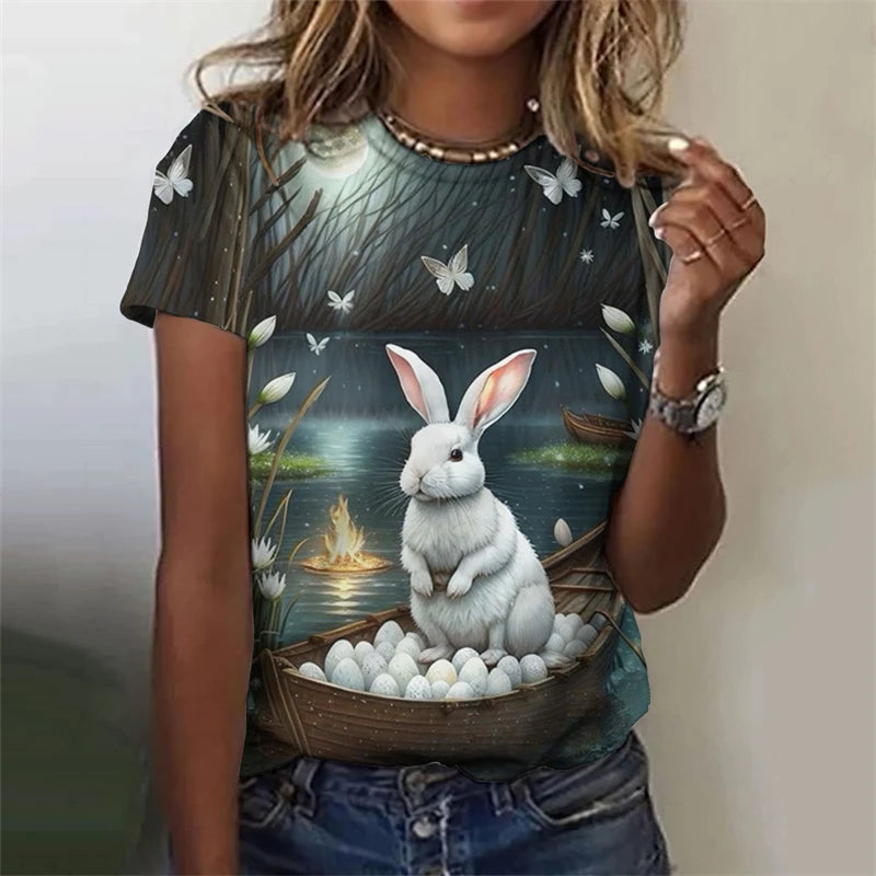 Cute Fun Rabbit Printed T Shirt, Unisex,  Short Sleeve O Neck, Fashion  for Easterwear.  T Shirts  for Summer Casual Outdoor, Soft Tops