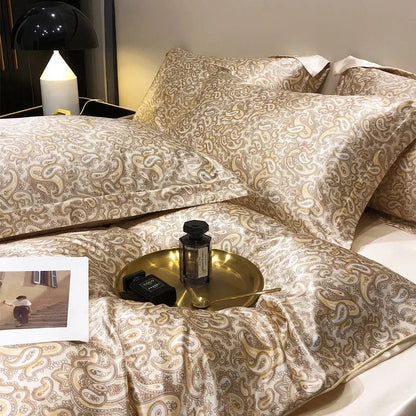 High-end Natural Mulberry Silky Blending Duvet Cover Set with Sheets,  Satin Blending, Silky Bedding Set,  Luxury Queen Bedding Sets