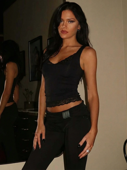 V neckline,  Slim Lace Ruffles,  Tank Tops for  Womens  Fashion Top,  Party, Vacation,  Summer Clothes