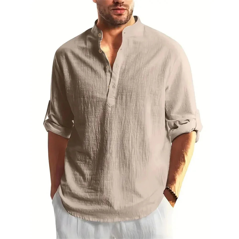 Autumn Men's Cotton /Linen Long Sleeve T-shirt Solid Color Henley Collar Lightweight Breathable Men's Casual Button Top