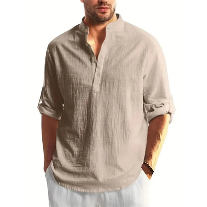Autumn Men's Cotton /Linen Long Sleeve T-shirt Solid Color Henley Collar Lightweight Breathable Men's Casual Button Top