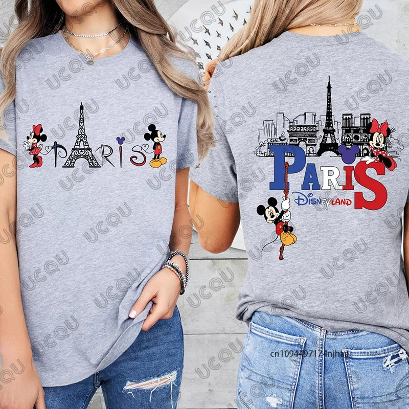 2026 Summer Mickey & Minnie Love Paris Print Mom and Dad Children Cotton T-shirt Short Sleeve Parent-Child Tees Casual Tops.  GREAT FATHERS DAY Gift   whether your taking that trip to Paris, or just wishing.