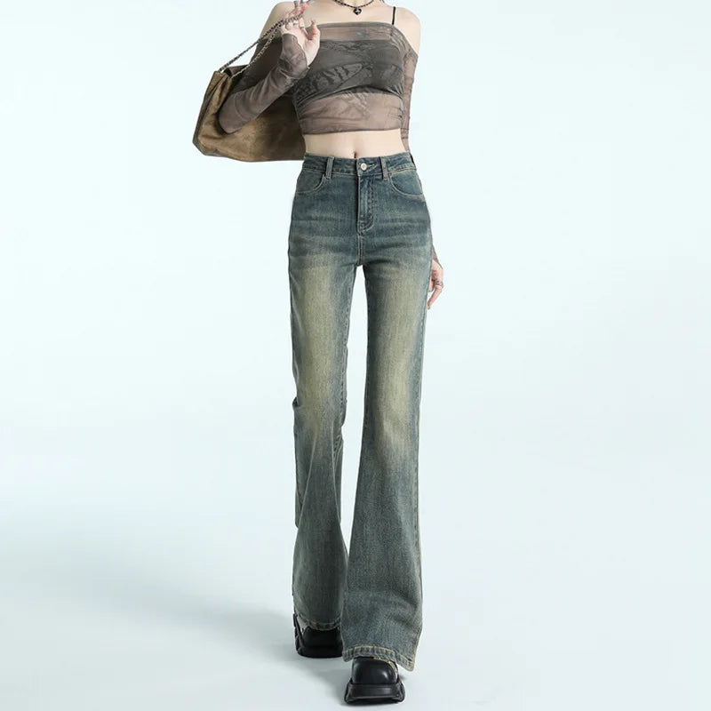 High Waist Slimming Denim Pants,   Retro American Style  FOR  Autumn New Fashionable Women's Pants,  Micro Flared Long Pants  OF STRETCHABLE Polyester