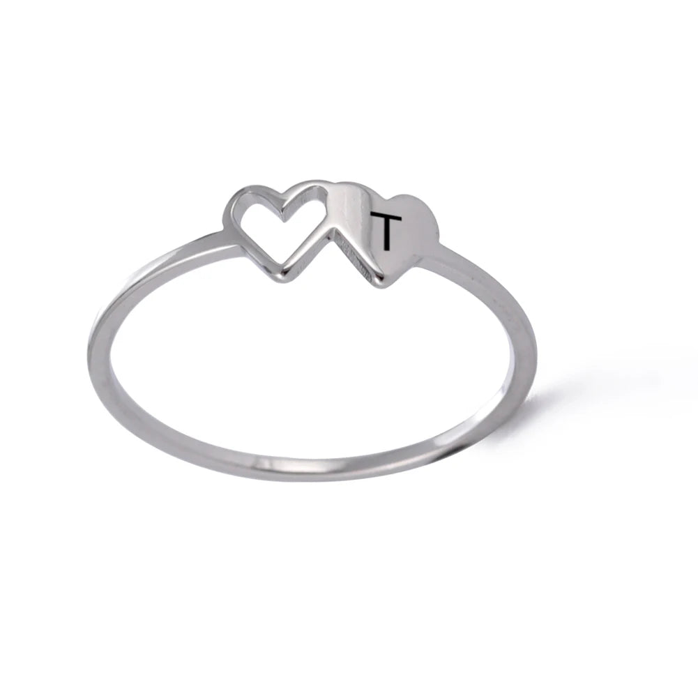 Initial Letter Ring for Women.  Stainless Steel A-Z Alphabet Double Heart Rings for Fashion Wedding  gift, Valentine's Day