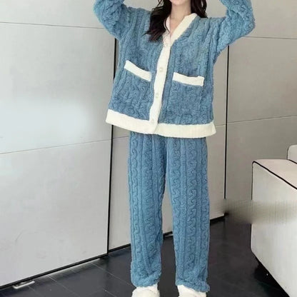 Leisure  with Autumn/Winter Women's Warm Velvet Pajamas with ,Loose Round Neck Elastic Top, Warm Wool Elastic Waist and Tight Leg Pants Set