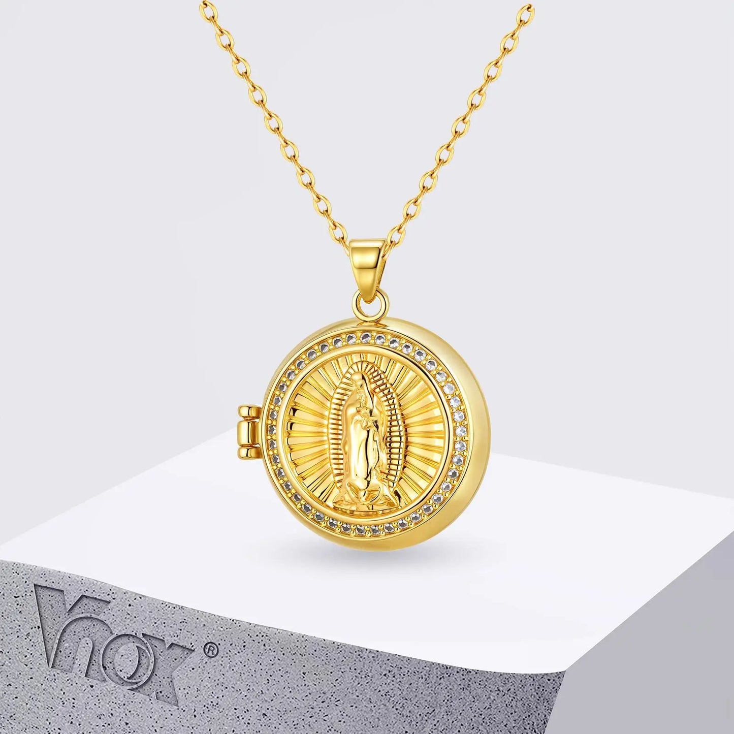 Vnox Metal AAA Zircon Inlaid Virgin Mary Necklace, Gold Plated Can Open Pendant, Classic Religious Jewelry