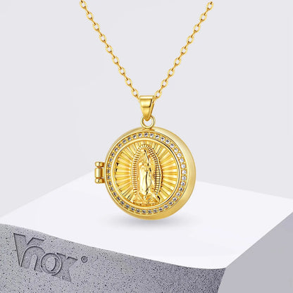 Vnox Metal AAA Zircon Inlaid Virgin Mary Necklace, Gold Plated Can Open Pendant, Classic Religious Jewelry