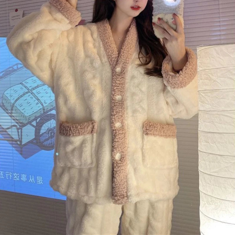Coral Fleece Pajamas Women New Autumn and Winter 2024 Thickened Fleece-lined Graceful Couple Online Celebri Home Wear Set
