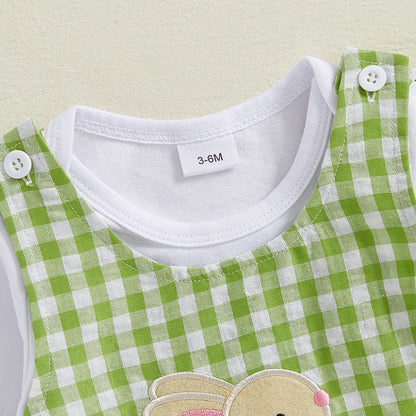 My First Easter Baby Boy Outfit,  Bunny Embroidery Farm Romper with  Plaid Overall,   Bunny  Earson  Hat.  Newborn Baby Easter Clothes