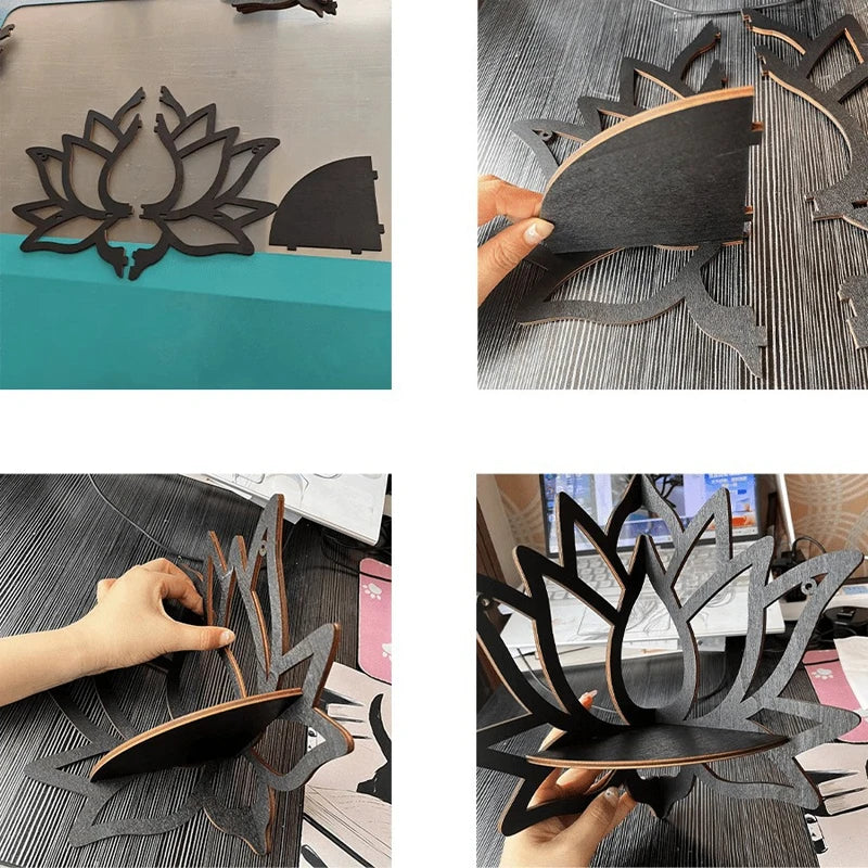 Wooden Lotus Hollow Decorative Rack, Aromatherapy Organiser for Essential Oils,  Candle Holder. Wall Mounted Corner Shelf
