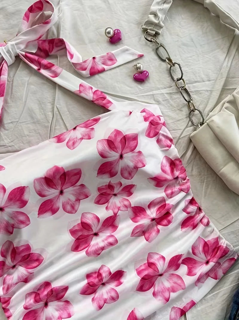 Women's summer short top, pink floral,  camisole vest, suitable for vacation style.