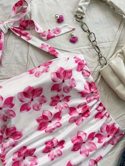 Women's summer short top, pink floral,  camisole vest, suitable for vacation style.