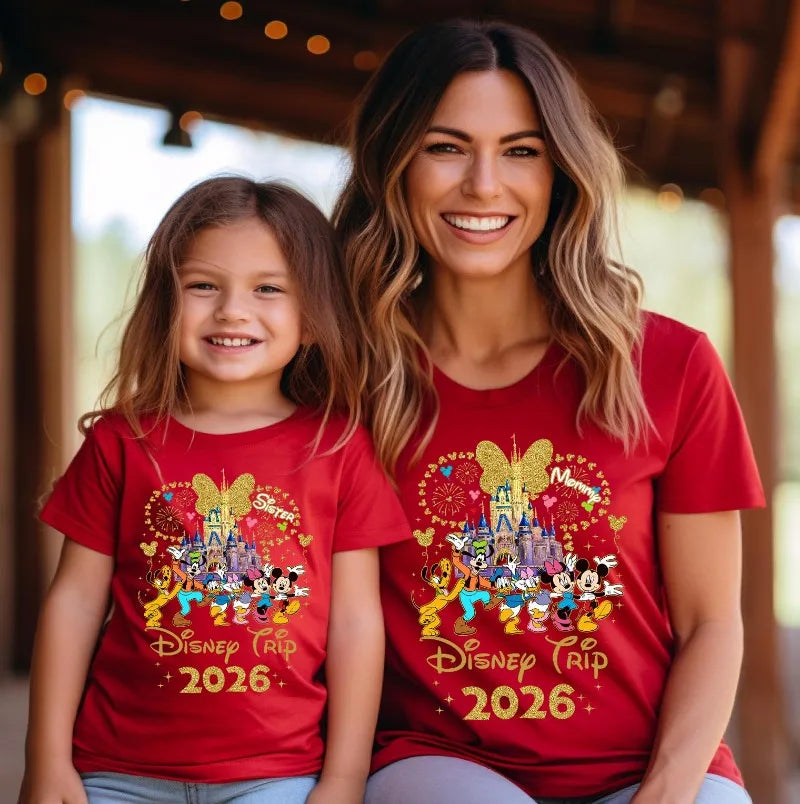 2026 Summer Casual Mickey Minnie Castle Butterfly Comfort Cotton T-shirt.  Adults/ Children,  Parent /Child,  Couple Sportswear