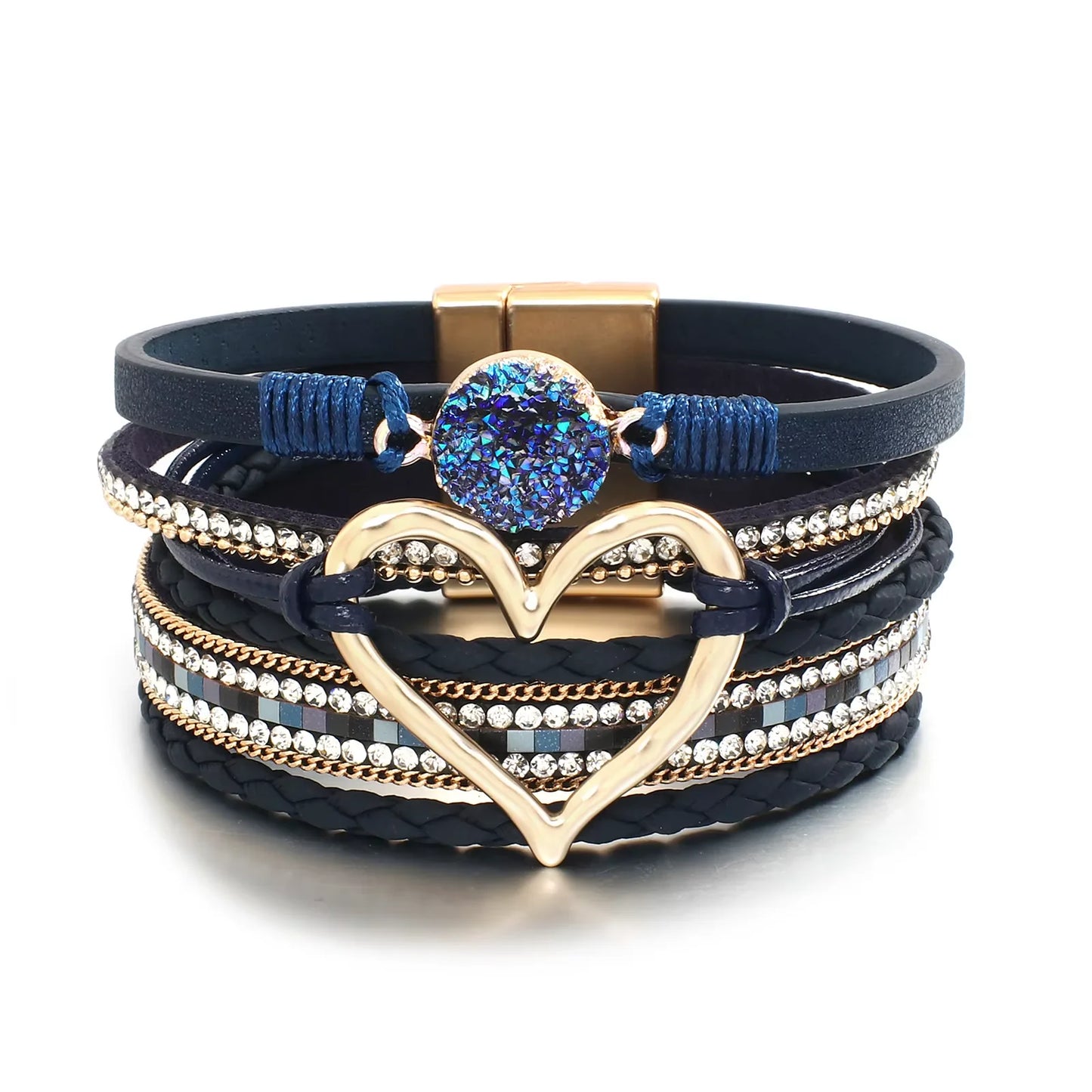 Metal Love Heart Charm,  Leather Bracelets for Women, Fashion Rhinestone Braided Wrap Bracelet , Bangle Female Jewelry Gifts