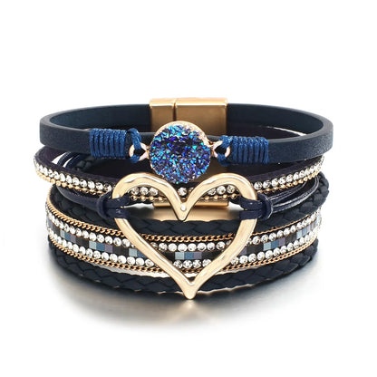 Metal Love Heart Charm,  Leather Bracelets for Women, Fashion Rhinestone Braided Wrap Bracelet , Bangle Female Jewelry Gifts