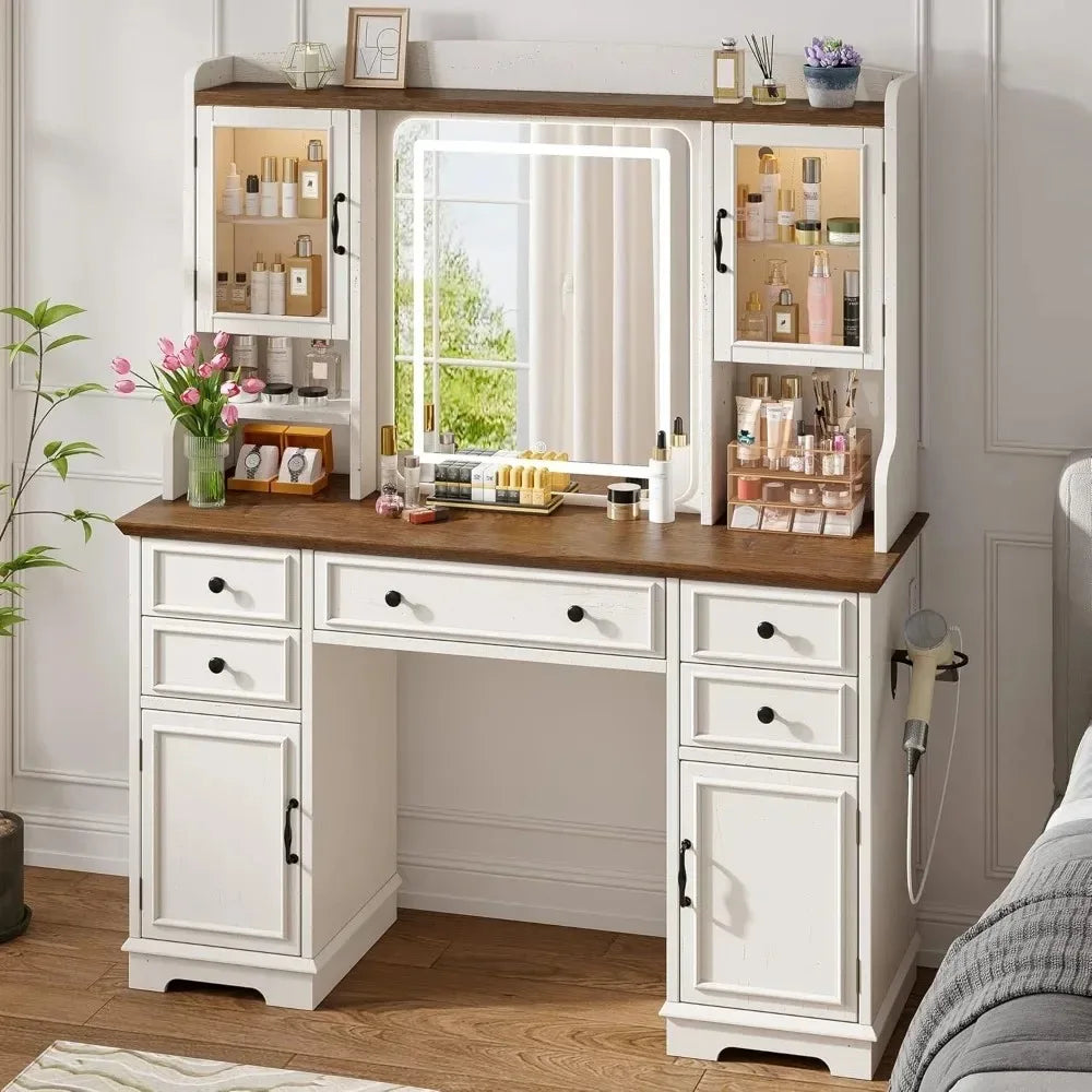 Farmhouse Vanity Desk with LED, Lighted Mirror, Makeup Table with RGB Storage 5-Drawer,  6-Shelf Dressing Table for Bedroom, Customized