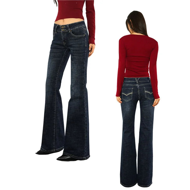 Low Waist Slim Fit Women's Jeans,  Bell Bottoms,  American Vintage Style,  Cotton Denim Pants
