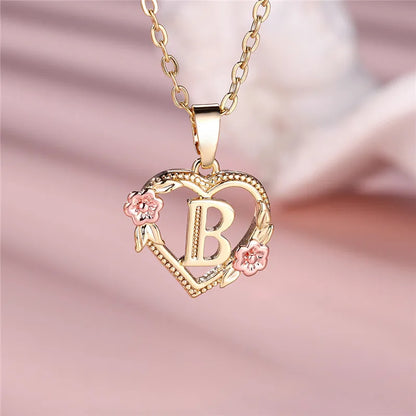 A-Z Letter Flower Pendant Necklace,  Yellow Gold  Wedding Jewelry GifTS