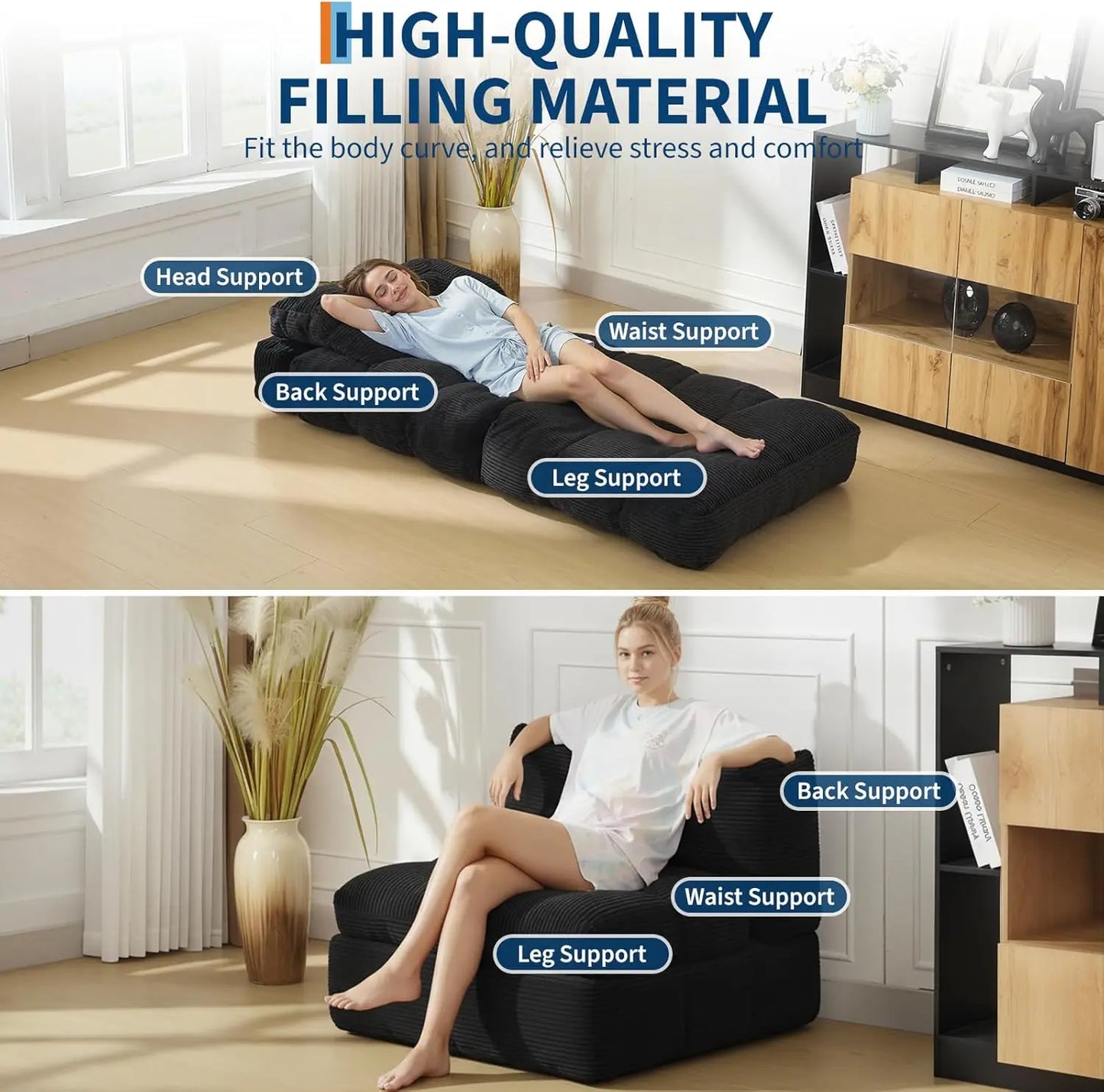 3-in-1,  34" Folding Sofa Bed with Pillow.  Boneless Matress with Back Support  and Comfy Portable Convertible Sleeper Chair.