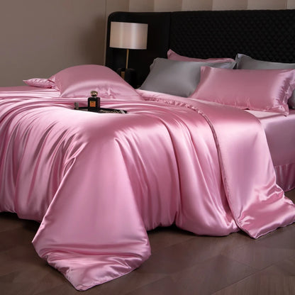 Silk Bed Sheets Set,   Luxury Bedding Set with Duvet Cover,  Fitted/Flat Bedsheet,  Pillowcases, Mixed with Rayon, King /Queen/ Full T/win