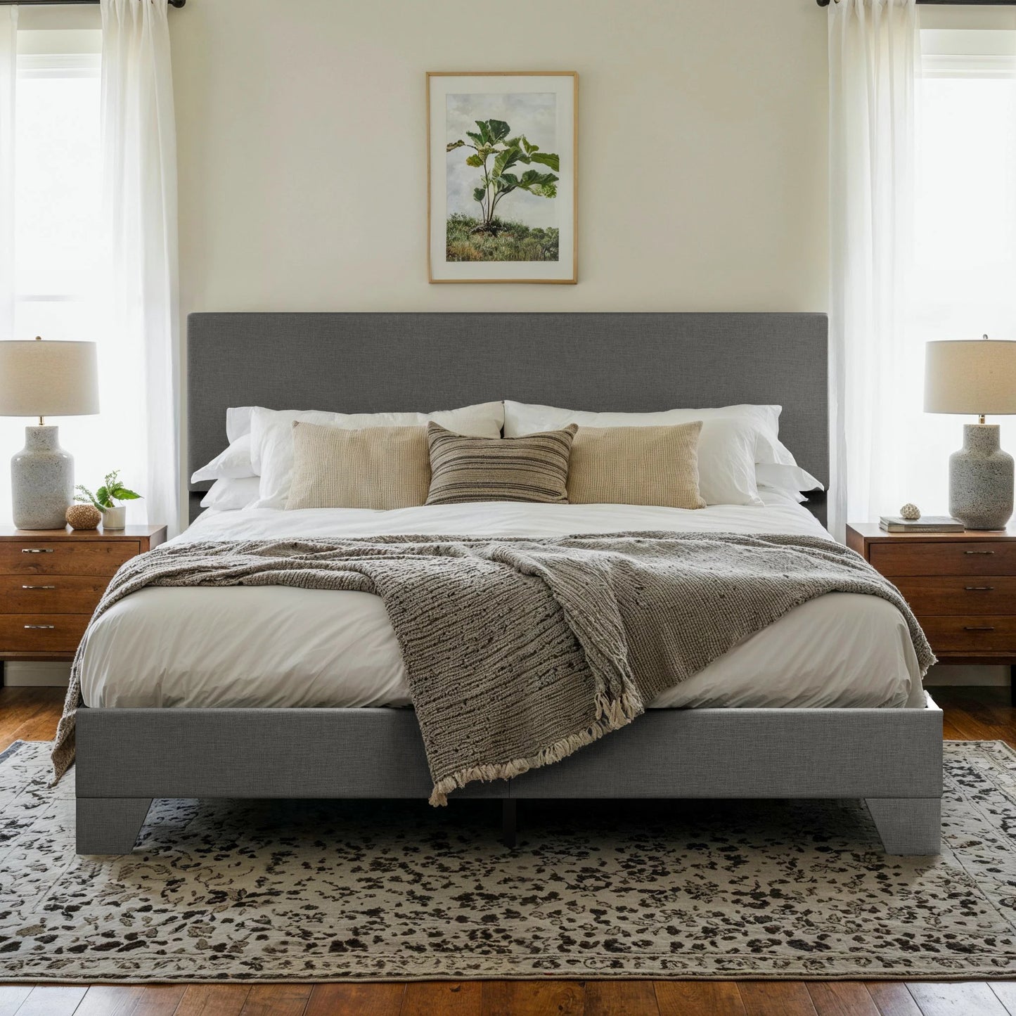 Upholstered Bed Frame with Adjustable Headboard, Soft Linen Fabric, Strong Supporting Structure, Noise-Free Allewie