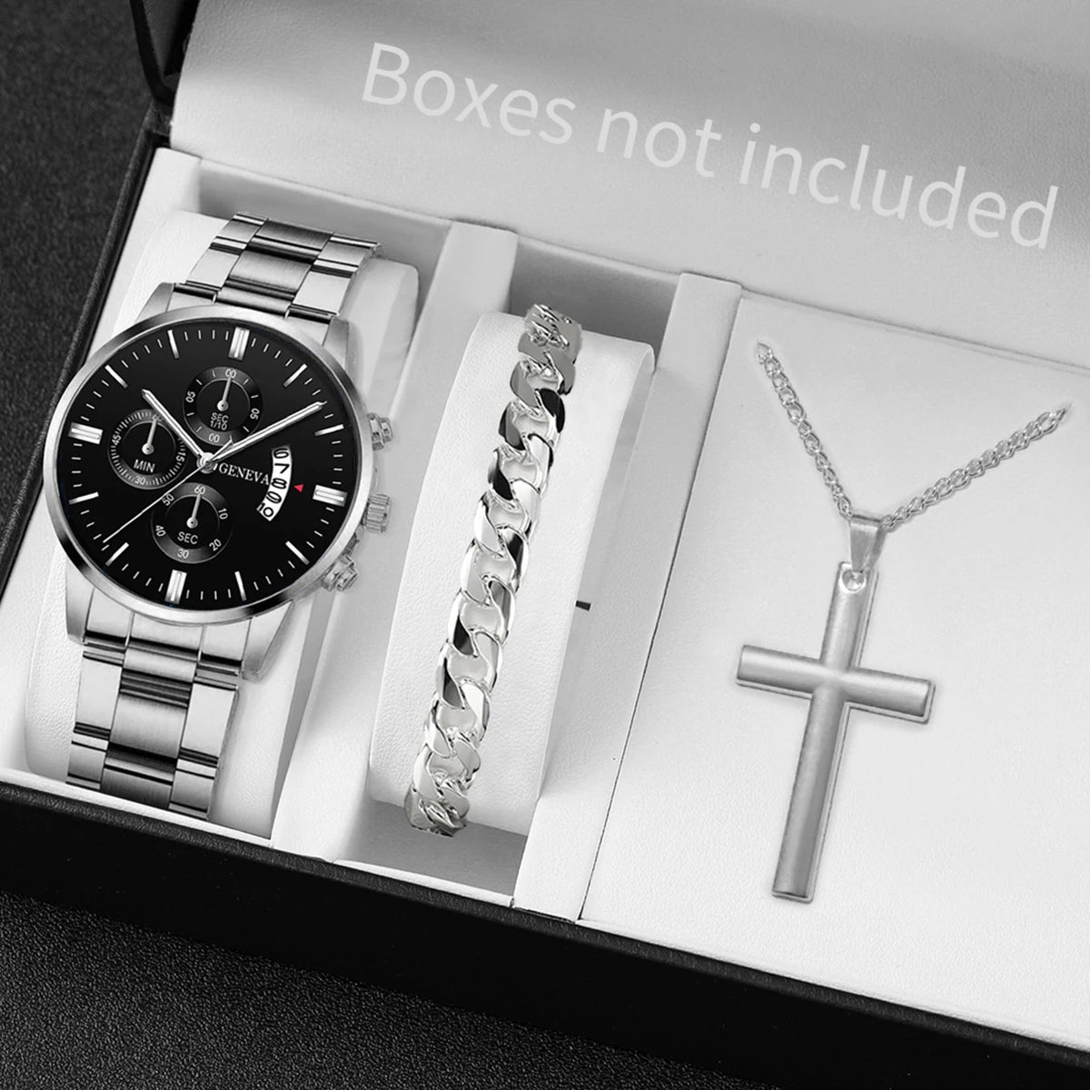 3PCS/Set Fashion Men's Stainless Steel Band Watch,  Casual,  Calendar Quartz Watch Jewelry Set（Without Box）Both Colors are Available