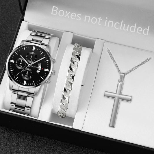 3PCS/Set Fashion Men's Stainless Steel Band Watch,  Casual,  Calendar Quartz Watch Jewelry Set（Without Box）Both Colors are Available