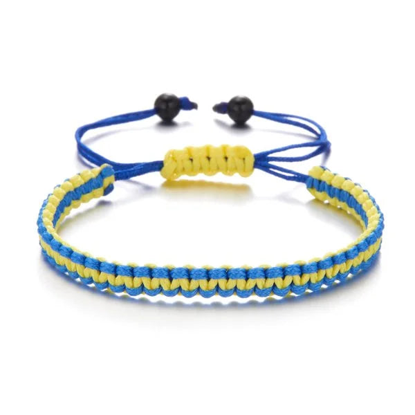 Handmade Blue & Yellow Ukraine Country Peace Love Woven Bracelet Leather Women/ Men Jewelry Gift, Adjustable
