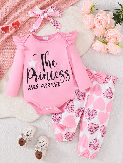 Girls Spring/ spring .Casual Long Sleeve Letter Print.    Pink Triangle Romper, Long Pants,  Headscarf Set