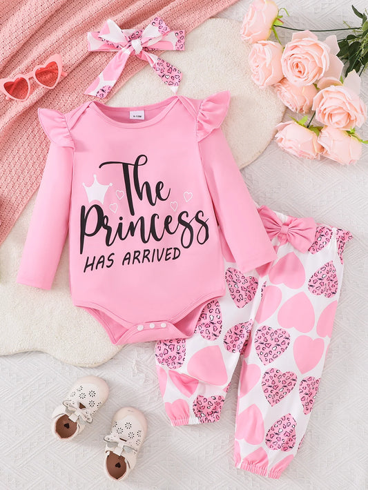 Girls Spring/ spring .Casual Long Sleeve Letter Print.    Pink Triangle Romper, Long Pants,  Headscarf Set