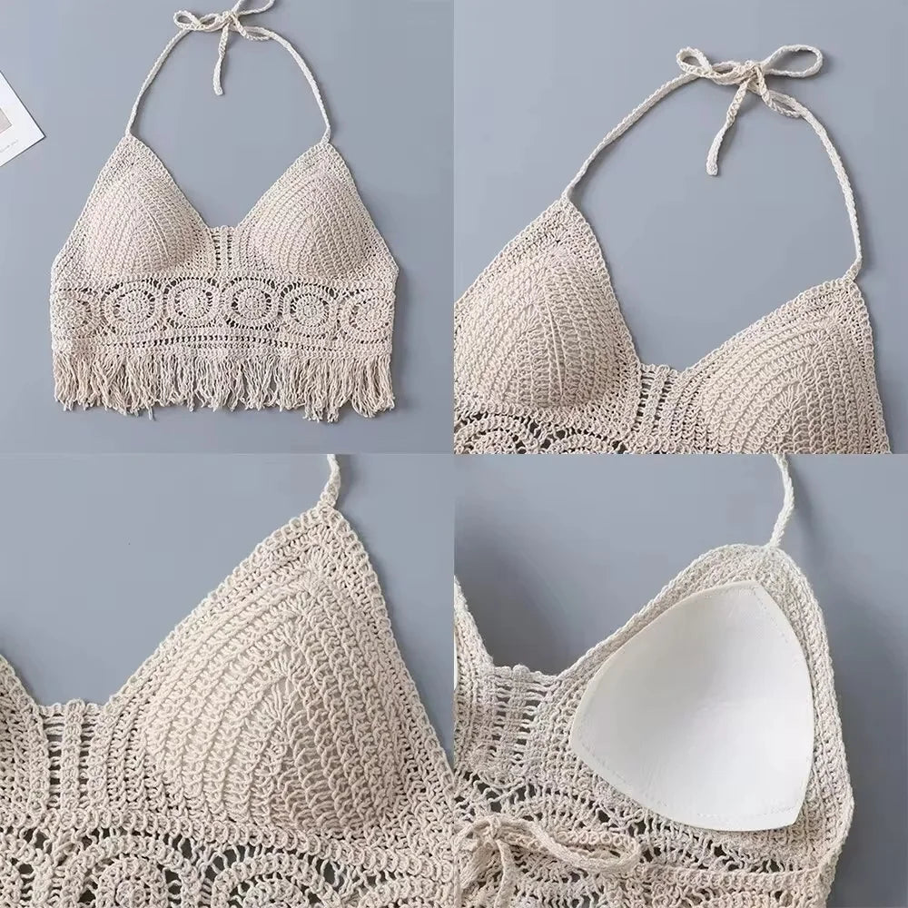 Women's Boho Fringe Backless Halter  with Tie Neck. Underwear /Outerwear with Neck Hanging Embroidery Tassel Suspender Short Tank WHITE is all gone.  Good stock  numbers on BEIGE Color.