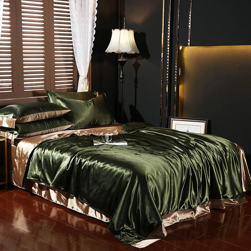 Natural Mulberry Silk Bedding Set Cover Fitted/Flat Bed Sheet,  2 Pillowcases, Luxury Satin Bedsheet,  Solid Colors  King, Queen,  Twin Size