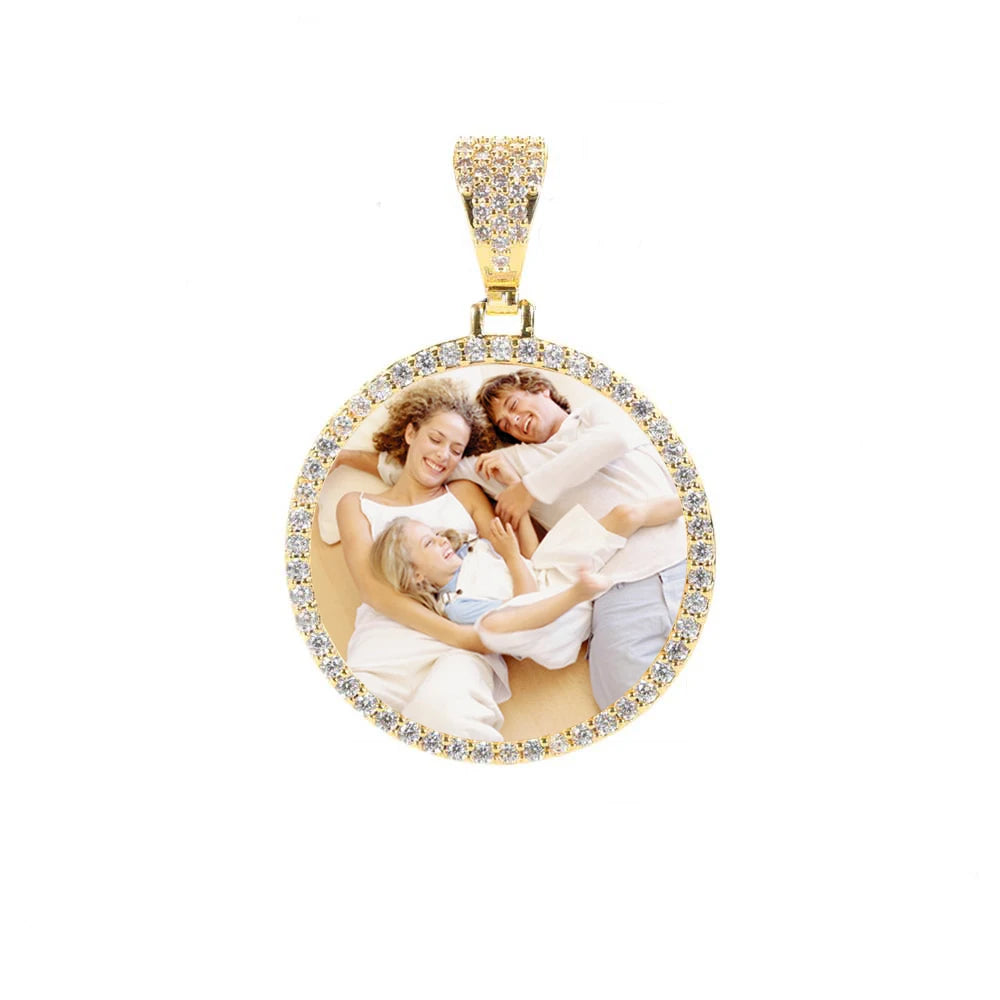 Hip Hop Jewelry Bling CZ Memorial Picture Frames Necklace Personalization Photo Custom 26/35/45/68.5MM Circle Medallions Pendant