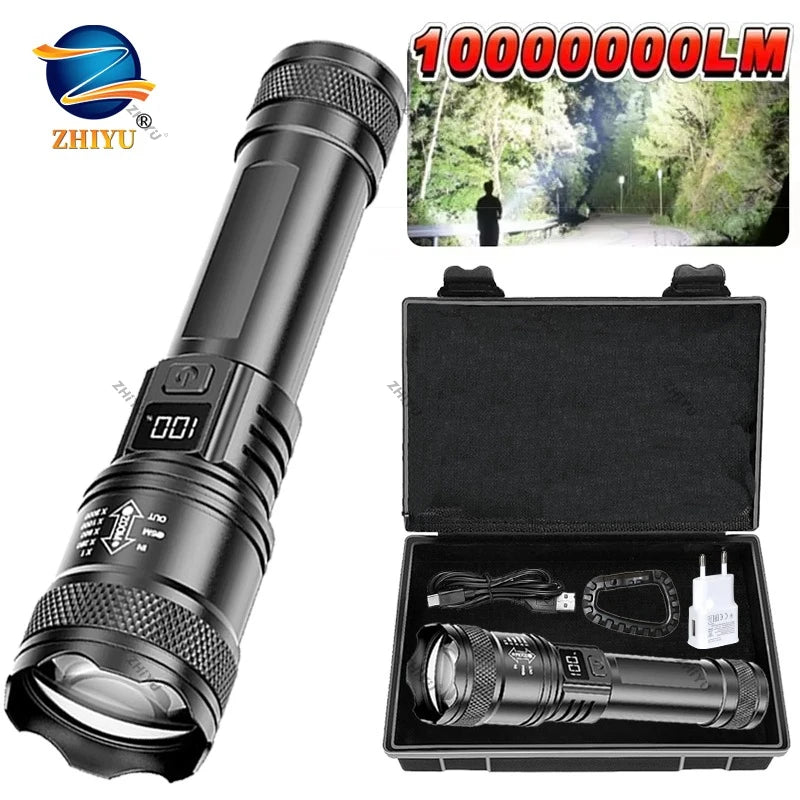 Rechargeable LED Flashlight Zoomable Torch with LCD Display, 3 Modes Waterproof High Power Hand Light, Outdoor Wilderness Camping