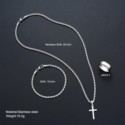 Stainless Steel Simple  3 piece Jewelry Set For Men /Women.  Fashion Silver Color,  Cross Pendant,  Twisted Rope Necklace and Bracelets with Ring Gift.